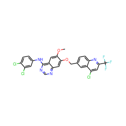 COc1cc2c(Nc3ccc(Cl)c(Cl)c3)ncnc2cc1OCc1ccc2nc(C(F)(F)F)cc(Cl)c2c1 ZINC000114820904