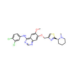 COc1cc2c(Nc3ccc(Cl)c(Cl)c3)ncnc2cc1OCc1csc([C@@H]2CCCCN2C)n1 ZINC000114821469