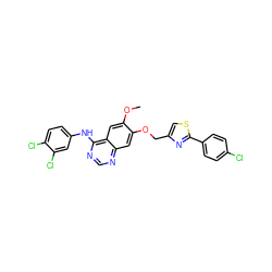 COc1cc2c(Nc3ccc(Cl)c(Cl)c3)ncnc2cc1OCc1csc(-c2ccc(Cl)cc2)n1 ZINC000114821846