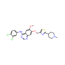 COc1cc2c(Nc3ccc(Cl)c(Cl)c3)ncnc2cc1OCc1csc(C2CCN(C)CC2)n1 ZINC000114821422