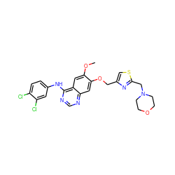 COc1cc2c(Nc3ccc(Cl)c(Cl)c3)ncnc2cc1OCc1csc(CN2CCOCC2)n1 ZINC000114821361