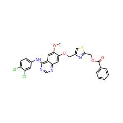 COc1cc2c(Nc3ccc(Cl)c(Cl)c3)ncnc2cc1OCc1csc(COC(=O)c2ccccc2)n1 ZINC000114820692