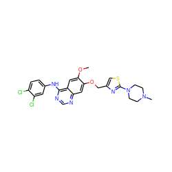 COc1cc2c(Nc3ccc(Cl)c(Cl)c3)ncnc2cc1OCc1csc(N2CCN(C)CC2)n1 ZINC000114820978