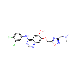 COc1cc2c(Nc3ccc(Cl)c(Cl)c3)ncnc2cc1OCc1nc(CN(C)C)no1 ZINC000114821381