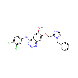 COc1cc2c(Nc3ccc(Cl)c(Cl)c3)ncnc2cc1OCc1nccn1Cc1ccccc1 ZINC000114821695