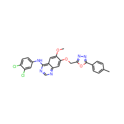 COc1cc2c(Nc3ccc(Cl)c(Cl)c3)ncnc2cc1OCc1nnc(-c2ccc(C)cc2)o1 ZINC000114821473