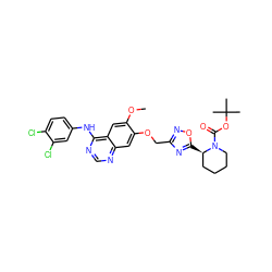 COc1cc2c(Nc3ccc(Cl)c(Cl)c3)ncnc2cc1OCc1noc([C@@H]2CCCCN2C(=O)OC(C)(C)C)n1 ZINC000114821060