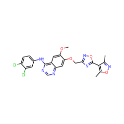 COc1cc2c(Nc3ccc(Cl)c(Cl)c3)ncnc2cc1OCc1noc(-c2c(C)noc2C)n1 ZINC000114825595