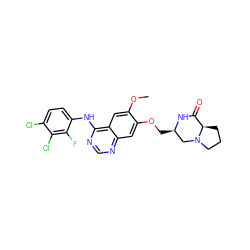 COc1cc2c(Nc3ccc(Cl)c(Cl)c3F)ncnc2cc1OC[C@@H]1CN2CCC[C@@H]2C(=O)N1 ZINC000114820651