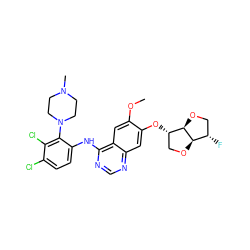 COc1cc2c(Nc3ccc(Cl)c(Cl)c3N3CCN(C)CC3)ncnc2cc1O[C@H]1CO[C@@H]2[C@@H](F)CO[C@H]12 ZINC000117120589