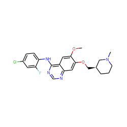 COc1cc2c(Nc3ccc(Cl)cc3F)ncnc2cc1OC[C@@H]1CCCN(C)C1 ZINC000013472799