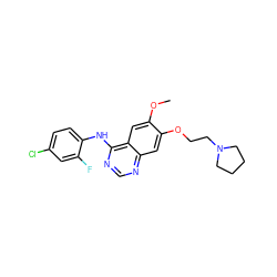 COc1cc2c(Nc3ccc(Cl)cc3F)ncnc2cc1OCCN1CCCC1 ZINC000013803324