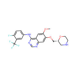 COc1cc2c(Nc3ccc(F)c(C(F)(F)F)c3)ncnc2cc1OC[C@H]1CNCCO1 ZINC000299823996