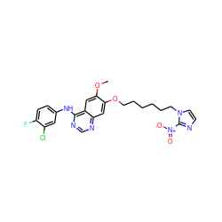 COc1cc2c(Nc3ccc(F)c(Cl)c3)ncnc2cc1OCCCCCCn1ccnc1[N+](=O)[O-] ZINC000299822948