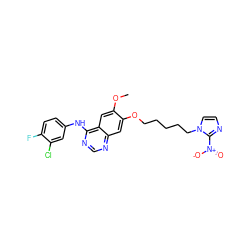 COc1cc2c(Nc3ccc(F)c(Cl)c3)ncnc2cc1OCCCCCn1ccnc1[N+](=O)[O-] ZINC000299821555