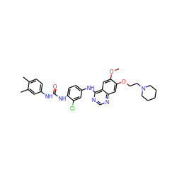 COc1cc2c(Nc3ccc(NC(=O)Nc4ccc(C)c(C)c4)c(Cl)c3)ncnc2cc1OCCN1CCCCC1 ZINC001772645230