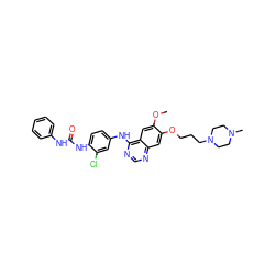 COc1cc2c(Nc3ccc(NC(=O)Nc4ccccc4)c(Cl)c3)ncnc2cc1OCCCN1CCN(C)CC1 ZINC001772586107