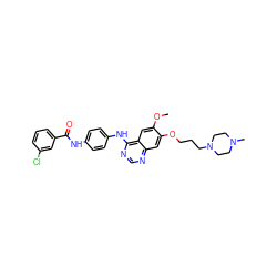 COc1cc2c(Nc3ccc(NC(=O)c4cccc(Cl)c4)cc3)ncnc2cc1OCCCN1CCN(C)CC1 ZINC000653708641