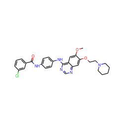 COc1cc2c(Nc3ccc(NC(=O)c4cccc(Cl)c4)cc3)ncnc2cc1OCCN1CCCCC1 ZINC000653688523