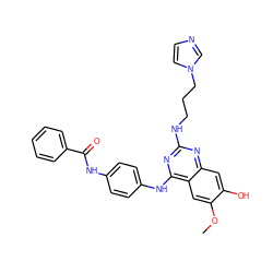 COc1cc2c(Nc3ccc(NC(=O)c4ccccc4)cc3)nc(NCCCn3ccnc3)nc2cc1O ZINC000299833642