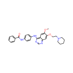 COc1cc2c(Nc3ccc(NC(=O)c4ccccc4)cc3)ncnc2cc1OCCN1CCCCC1 ZINC000653712763