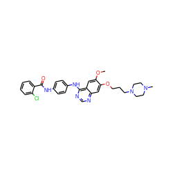 COc1cc2c(Nc3ccc(NC(=O)c4ccccc4Cl)cc3)ncnc2cc1OCCCN1CCN(C)CC1 ZINC000653708698