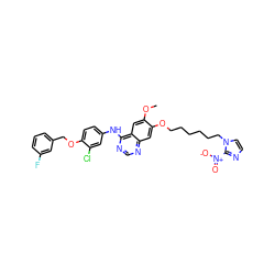 COc1cc2c(Nc3ccc(OCc4cccc(F)c4)c(Cl)c3)ncnc2cc1OCCCCCCn1ccnc1[N+](=O)[O-] ZINC000299819959