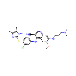 COc1cc2c(Nc3ccc(Sc4nc(C)c(C)n4C)c(Cl)c3)c(C#N)cnc2cc1NCCCN(C)C ZINC000044406390