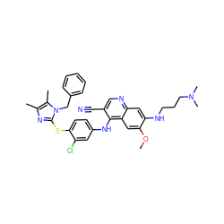 COc1cc2c(Nc3ccc(Sc4nc(C)c(C)n4Cc4ccccc4)c(Cl)c3)c(C#N)cnc2cc1NCCCN(C)C ZINC000044387351