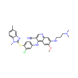 COc1cc2c(Nc3ccc(Sc4nc5cc(C)ccc5n4C)c(Cl)c3)c(C#N)cnc2cc1NCCCN(C)C ZINC000044305010