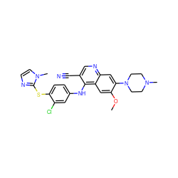 COc1cc2c(Nc3ccc(Sc4nccn4C)c(Cl)c3)c(C#N)cnc2cc1N1CCN(C)CC1 ZINC000038806160