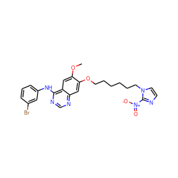 COc1cc2c(Nc3cccc(Br)c3)ncnc2cc1OCCCCCCn1ccnc1[N+](=O)[O-] ZINC000299840953