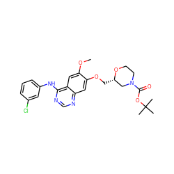 COc1cc2c(Nc3cccc(Cl)c3)ncnc2cc1OC[C@H]1CN(C(=O)OC(C)(C)C)CCO1 ZINC000299825964