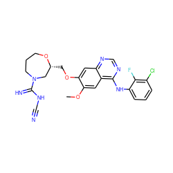 COc1cc2c(Nc3cccc(Cl)c3F)ncnc2cc1OC[C@@H]1CN(C(=N)NC#N)CCCO1 ZINC001772590159