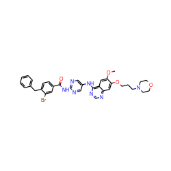 COc1cc2c(Nc3cnc(NC(=O)c4ccc(Cc5ccccc5)c(Br)c4)nc3)ncnc2cc1OCCCN1CCOCC1 ZINC000034803003