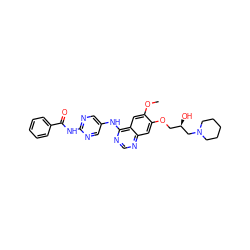 COc1cc2c(Nc3cnc(NC(=O)c4ccccc4)nc3)ncnc2cc1OC[C@@H](O)CN1CCCCC1 ZINC000016051861