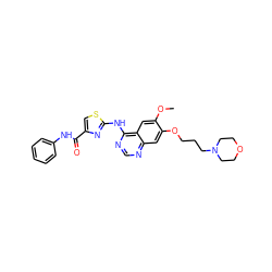 COc1cc2c(Nc3nc(C(=O)Nc4ccccc4)cs3)ncnc2cc1OCCCN1CCOCC1 ZINC000040938736