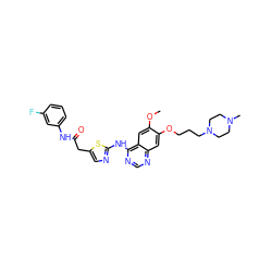 COc1cc2c(Nc3ncc(CC(=O)Nc4cccc(F)c4)s3)ncnc2cc1OCCCN1CCN(C)CC1 ZINC000028568079