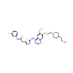 COc1cc2c(Nc3ncc(CC(=O)Nc4cccc(F)c4)s3)ncnc2cc1OCCN1CCC(CCO)CC1 ZINC000028568051