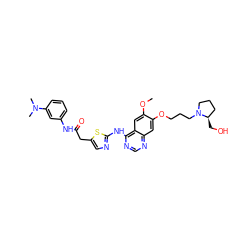 COc1cc2c(Nc3ncc(CC(=O)Nc4cccc(N(C)C)c4)s3)ncnc2cc1OCCCN1CCC[C@H]1CO ZINC000028568041