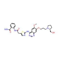 COc1cc2c(Nc3ncc(CC(=O)Nc4ccccc4C(N)=O)s3)ncnc2cc1OCCCN1CCC[C@H]1CO ZINC000028568043