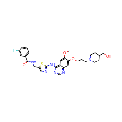 COc1cc2c(Nc3ncc(CNC(=O)c4cccc(F)c4)s3)ncnc2cc1OCCCN1CCC(CO)CC1 ZINC000028568230