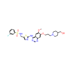 COc1cc2c(Nc3ncc(CNS(=O)(=O)c4cccc(F)c4)s3)ncnc2cc1OCCCN1CCC(CO)CC1 ZINC000028568246