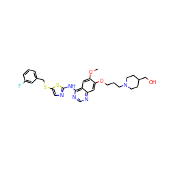 COc1cc2c(Nc3ncc(SCc4cccc(F)c4)s3)ncnc2cc1OCCCN1CCC(CO)CC1 ZINC000028568638