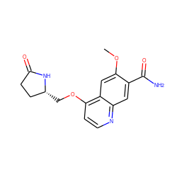 COc1cc2c(OC[C@@H]3CCC(=O)N3)ccnc2cc1C(N)=O ZINC000584640445