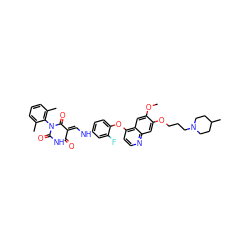 COc1cc2c(Oc3ccc(N/C=C4\C(=O)NC(=O)N(c5c(C)cccc5C)C4=O)cc3F)ccnc2cc1OCCCN1CCC(C)CC1 ZINC000150604250