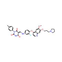 COc1cc2c(Oc3ccc(N/C=C4\C(=O)NC(=O)N(c5ccc(C)cc5)C4=O)cc3F)ccnc2cc1OCCCN1CCCC1 ZINC000150605216