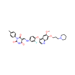 COc1cc2c(Oc3ccc(N/C=C4\C(=O)NC(=O)N(c5ccc(C)cc5)C4=O)cc3F)ccnc2cc1OCCCN1CCCCC1 ZINC000150605229