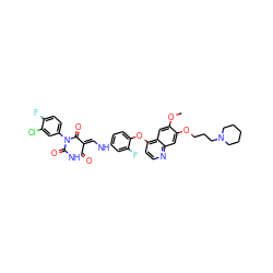 COc1cc2c(Oc3ccc(N/C=C4\C(=O)NC(=O)N(c5ccc(F)c(Cl)c5)C4=O)cc3F)ccnc2cc1OCCCN1CCCCC1 ZINC000150604233