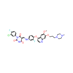 COc1cc2c(Oc3ccc(N/C=C4\C(=O)NC(=O)N(c5ccc(F)c(Cl)c5)C4=O)cc3F)ccnc2cc1OCCCN1CCN(C)CC1 ZINC000150604218